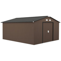 Outsunny - Abri de jardin 11' x 13' avec kit de fondation en acier, marron-Grand espace intérieur pour ranger les outils, les bicyclettes, les outils de jardinage, le matériel d'entretien des pelouses, etc 
