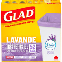 Glad Garbage Bags - X-Small 15 Litres - Lilac - Lavender Scent - 52 Pack-Experience a timeless lavender scent and Febreze Freshness, with GLAD guaranteed strong trash bags. These GLAD bags deliver a continuous Lavender scent, while Febreze provides odour neutralization to help keep your house feeling fresh and clean. With a delightful lavender colour, these X-Small trash bags are ideal for kitchen, bathroom, bedroom or office. Treat your home to GLAD's pleasantly scented trash bag that combats trash odours 