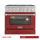 Kucht 36" KDF Series Pro Style Natural Gas Dual Fuel Range - Stainless Steel/Red-6-burner gas range includes one 20,000 BTU dual burner with simmer, one 15,000 BTU burner, one 12,000 BTU burner, two 9,000 BTU burners and one 6,000 BTU