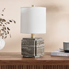 Hudson&Canal Pacha 16" Tall Stone Table Lamp with Fabric Shade - Grey Veined Travertine-Product Dimensions: 8" L x 8" W x 15.5" H