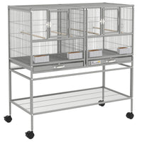 PawHut - Cage à oiseaux divisée 40 po H avec support à roulettes, plateau en métal amovible, étagère de rangement - gris clair-La grille du milieu peut être retirée pour transformer les 2 cages individuelles en une grande cage. 