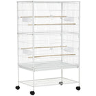 PawHut - Grande cage à oiseaux en métal 52 po H avec support à roulettes, étagère de rangement, perchoir en bois - blanc-Plusieurs portes pour un accès facile à l'intérieur 