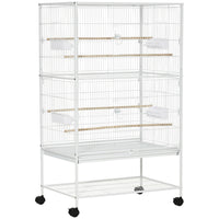 PawHut - Grande cage à oiseaux en métal 52 po H avec support à roulettes, étagère de rangement, perchoir en bois - blanc-Plusieurs portes pour un accès facile à l'intérieur 