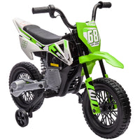 Qaba Kids 12V Dirt Bike with Twist Grip Throttle, Training Wheels and Music - Green-Manual throttle control adjusts speeds between 1.5-3.1 mph (2.4-5 km/h) 