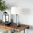 Hudson&Canal - Lampe de table Dax 70 cm de haut avec abat-jour en tissu - Verre grainé/Bronze noirci/Blanc-Du verre ensemencé fabriqué à la main et une finition en bronze noirci sont appliqués sur la base en métal et en verre fantaisie