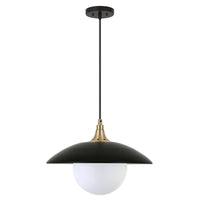 Hudson&Canal - Suspension Alvia de 37,8 cm de large, Hudson&Canal, avec abat-jour en métal et verre - Noir mat, laiton et blanc-Design côtier pour votre entrée, votre foyer ou votre cuisine
