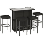 Outsunny - Ensemble de bar de patio 5 pièces avec Table de bar à dessus en verre trempé et étagères, 4 chaises de bar, noir-Ensemble de bar en rotin 5 pièces comprenant 1 table de bar et 4 tabourets pour une utilisation intérieure et extérieure