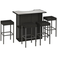 Outsunny - Ensemble de bar de patio 5 pièces avec Table de bar à dessus en verre trempé et étagères, 4 chaises de bar, noir-Ensemble de bar en rotin 5 pièces comprenant 1 table de bar et 4 tabourets pour une utilisation intérieure et extérieure