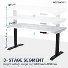 MotionGrey Electric Dual Motor Height Adjustable 165" W Sit-to-Stand Desk - Black Frame-Up to 120kg - Our Motion Standing Frame has been reinforced with thickened steel tubing throughout the desk and reinforced base plates for the footers. This provides a sturdy and durable platform even when the desk is raised to the highest setting