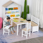 Qaba Kids Wood Table and Chairs and Bench 4-Piece Set - Natural/White-Includes 4-piece kids set: a table, 2 chairs, and a storage bench 