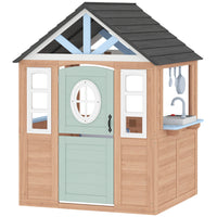 Qaba - Maison de jeu en bois pour enfants d’extérieur avec porte pour animaux, cuisine de jeu, demi-porte - bois naturel-La cuisinière et l'évier réalistes permettent aux enfants de faire semblant de préparer des repas et d'inviter des amis
