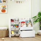Qaba Kids Bookshelf and Toy Storage, 3-Tier Bookcase with 6 Bins - White-The large rolling toy box on wheels makes cleanup fun and easy
