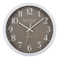 Monarch Specialties 9115 12" Round Wall Clock - Dark Bronze Face/White Frame-Elevate your home decor with this 12" round wall clock featuring a stylish dark bronze face and a striking white frame, perfect for any contemporary space