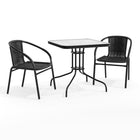 Flash Furniture 28" Square Glass Metal Table with Black Rattan Edging & 2 Black Rattan Stack Chairs-Table and Chair Set