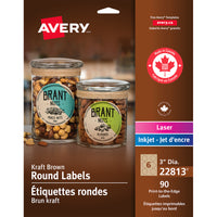 Avery Kraft Laser/Inkjet Print-to-the-Edge Round Labels, Permanent, 3" Diameter, 90 Pack (22813)-Earth-friendly labels are recyclable and made from 100% recycled material
