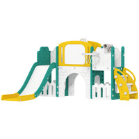Qaba 7-in-1 Kids Slide with Climber, Basketball Hoop, Telescope, Drawing Board, Storage Box - Yellow-7 in 1 kids slide set, providing lots of indoor play options 
