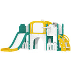 Qaba - Toboggan 7 en 1 pour enfants avec grimpeur, panier de basketball, télescope, tableau à dessin, boîte de rangement - jaune-Ensemble de toboggan pour enfants 7 en 1, offrant de nombreuses options de jeu en intérieur  
