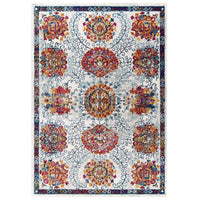 Modway Entourage Kensie Distressed Floral Moroccan Trellis Area Rug - 5 ft W x 8 ft L - Ivory Blue Red Orange Yellow-Distressed Vintage Floral Moroccan Trellis Area Rug