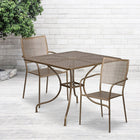Table de jardin carrée de 35,5 po en acier et 2 chaises au dossier carré, intérieur/extérieur, doré [CO-35SQ-02CHR2-GD-GG]-Revêtement en poudre dorée
