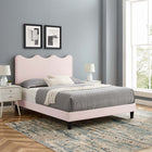 Modway Current Performance Velvet Queen Platform Bed with Black Wood Legs - Pink-Stain-Resistant Performance Velvet