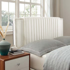 Modway - Zahra Lit plateforme complet en velours haute performance avec capitonnage vertical et pieds effilés en bois noir - Blanc-Système de soutien en lattes de bois