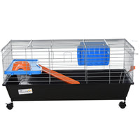 PawHut 35" L Rolling Small Animal Cage with Food Dish, Water Bottle and Hay Feeder - Black-Optimum for a small rabbit, chinchilla, guinea pig and other similar sized small pets 