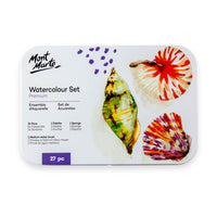 Mont Marte - Coffret de 27 peintures aquarelles en boîte métallique - Couleurs assorties-Ce coffret compact de 27 pièces rassemble 24 couleurs d'aquarelle et les outils nécessaires pour les voyages, le croquis et la peinture en extérieur