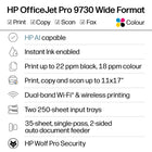 HP OfficeJet Pro 9730 Wide Format All-in-One Printer - White-Includes printer, setup cartridges, power cord, and documentation