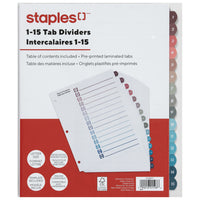 Staples Pre-Printed Index Dividers - 1-15 - Fashion Colours-Tab dividers are numbered 1 through 15 to keep documents organized
