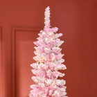 HOMCOM 7.5' Pre-Lit Snow-Flocked Artificial Pencil Christmas Tree with Auto Open - Pink-Pencil shape don't take up much floor space, suitable for small rooms or a second Christmas tree in an entryway 