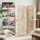 HOMCOM 4 Panel Palm Leaf Design Freestanding Room Divider for Home Office Bedroom - Natural Wood Finish-Folding design with 12 metal hinges simplifies storage 

