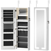 HOMCOM LED Lighted Mirror Jewelry Cabinet with Full-Length Mirror - 14.6" L x 4.1" W x 42.5" H - White-Bright white LED full-length mirror for a head-to-toe view 