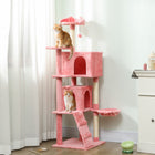PawHut 63" Cat Tree with Sisal Scratching Posts and Condos - Pink-Top cat-ear perch with a dangling ball offers a playful lookout 