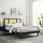 Modway Kelsea Cane and Wood Full Platform Bed with Angular Legs - Black-Woven Cane Rattan Headboard