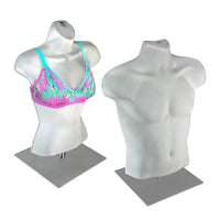 Azar Male & Female White Plastic Bust, Torso Mannequin - 12" Square Metal Base - 2 Pack-Includes one male and one female bust