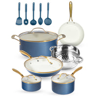 Gotham Steel - Batterie de cuisine antiadhésive en céramique et aluminium ultra performante 15 pièces - Bleu marine avec poignées dorées-Collection naturelle Gotham Steel : une cuisine plus saine est facile avec cet ensemble d'ustensiles de cuisine en céramique antiadhésifs, les casseroles et les casseroles sont conçues pour être 2 fois plus durables, le lave-vaisselle et le four sûr jusqu'à 500 ° F, les poignées dorées restent fraîches vous permettent d'aller de cuisinière au four, mais cet ensemble ne cui