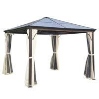 Outsunny Hardtop Canopy Gazebo Heavy Duty Sun Shade Shelter with Curtains - 10' x 10' - Beige/Coffee-Long-lasting polycarbonate roof