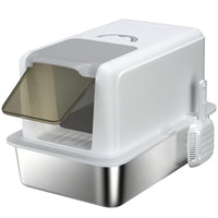 PawHut Stainless Steel Cat Litter Box with Removable Lid & Scoop - White-Stainless steel tray simplifies cleaning, just rinse with water 