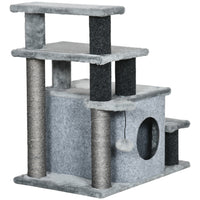 PawHut Adjustable Height Cat Stairs with Scratching Post for Sofa - Black?Grey-Adjustable height: 3-step/4-step configuration reaches bed or sofa height 