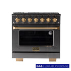 Kucht 36" KEG Series Pro Style Propane Ready Gas Range - Gemstone -The six-burner gas range includes one 20 000 BTU dual burner with simmer, one 15 000 BTU burner, one 12 000 BTU burner, two 9 000 BTU burners, and one 6 000 BTU burner