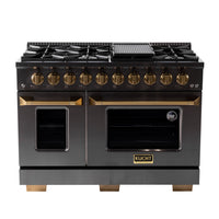 Kucht 48" KED Series Pro Style Dual Fuel Range - Gemstone-Cook and bake like a pro with 2 separate ovens with large oven windows, the main is a heavy-duty blue porcelain oven with 4.2 cu. ft. of capacity while the additional side oven has 2.5 cu. ft