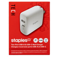 Staples GaN USB-A/USB-C Wall Charger - 37W - White-37W PD (Power Delivery) 2-port wall charger with 12W USB-A and 25W USB-C charging ports
