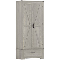 HOMCOM 72" H Farmhouse Pantry Cabinet - Distressed Light Grey-Farmhouse style with barn doors enhances any room's decor 