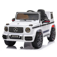KIDS ON WHEELZ Mercedes-Benz AMG G63 12V Kids' Ride On Car with Parental Remote Control - White-THE REALISTIC Mercedes-Benz AMG G63 DESIGN, Officially licensed Mercedes-Benz kids ride on car includes the classic Mercedes-Benz and AMG logo, unique round headlights and spare tire design, openable side-doors for easy and convenient accessibility, a luxury leather seat and a complete external and interior design