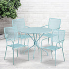 Table de jardin ronde de 35,25 po en acier bleu ciel et 4 chaises au dossier carré, intérieur/extérieur [CO-35RD-02CHR4-SKY-GG]-Revêtement thermolaqué bleu ciel