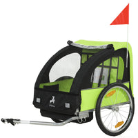 Aosom - Remorque double pour vélo enfant avec cadre en acier et harnais de sécurité 5 points - Verte-Pochette latérale intérieure pour le rangement lors de vos déplacements 