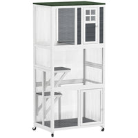 PawHut - Maison pour chat d’extérieur 36 po L avec enclos sur roulettes, toit en asphalte - blanc-Enclos extérieur pour chats pouvant accueillir 1 à 3 chats jusqu'à 13 lb (6 kg) 