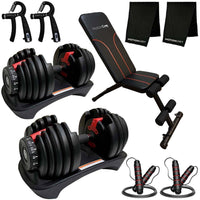 MotionGrey - Haltères ajustables 5 à 52,5 lb - Avec poignée haute résistance, convertisseur, support pour haltères, corde à sauter et poignées en métal antidérapantes-Ensemble complet pour gym à domicile : Inclut des haltères ajustables (5-52,5 lb) et un banc multi-positions pour un entraînement complet du corps