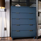 Manhattan Comfort Granville 37.8" Modern Tall Dresser - Midnight Blue-Includes 5 Full Extension Drawers with Top Drawer Designed in Vertical Textured Ribbed Lines Made from Solid Wood.