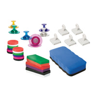 Dowling Magnets Magnetic Whiteboard Accessories Bundle-Includes 6 Big Push Pin Magnets, 6 Button Magnets, 5 Ceramic Magnetic Hooks, 3 Big Block Magnets, and 1 Magnetic Whiteboard Eraser